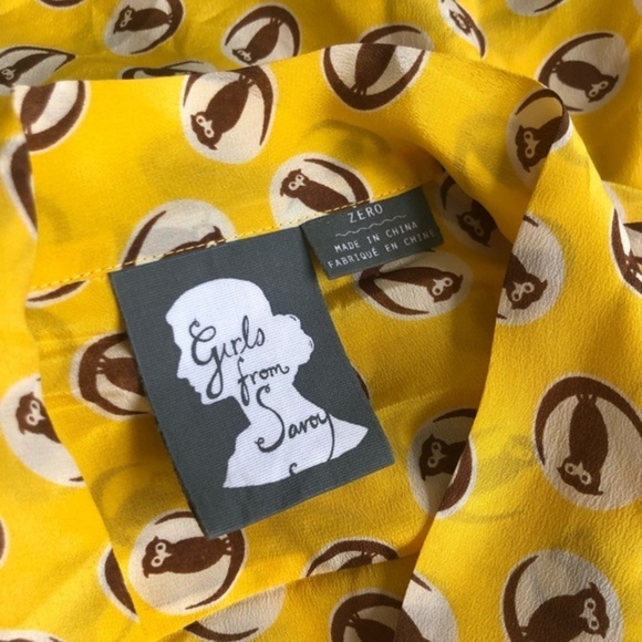 [anthro] Girls from Savoy Owl Moon Silk Print Tie Front Peplum Puff Sleeve Top - Picture 4 of 11